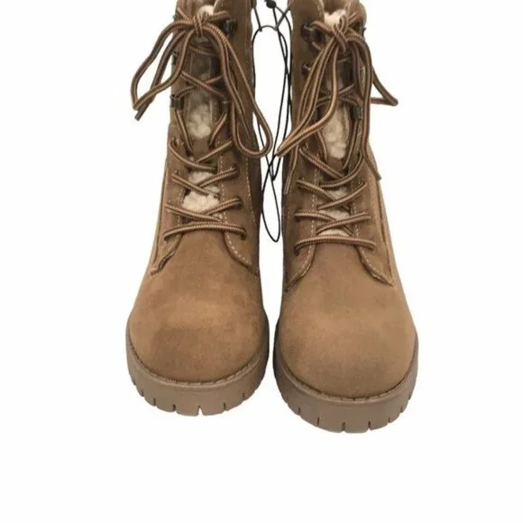 Chunky Heeled Boots Y2K 90s Lug Sole Women 7.5 M Lace Up Shearling Accent Zipper - Picture 6 of 14